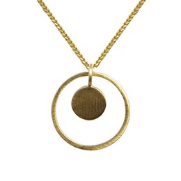 Round gold-tone pendant necklace with a brushed metal disc charm.