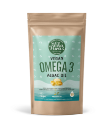 Vegan omega-3 algae oil supplement in a beige pouch with green accents. Contains essential fatty acids for plant-based nutrition.