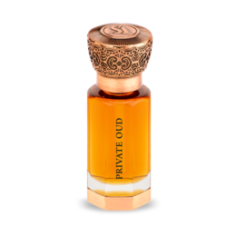 Luxury orange perfume bottle with ornate bronze cap, oud fragrance, elegant packaging, concentrated perfume oil.