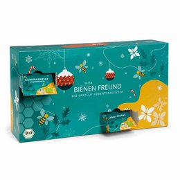 Organic seeds advent calendar with 24 varieties of bee-friendly seeds, featuring a colorful beehive design and floral elements.