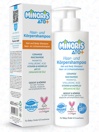  A hair and body shampoo from the Minoris ATO+ brand, designed for sensitive skin. The shampoo is free from parabens, silicones, and fragrances, and is suitable for daily use.