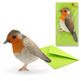 A 3D flower card featuring a colorful bird with orange, brown, and gray feathers. The card is designed to resemble a snowdrop flower.