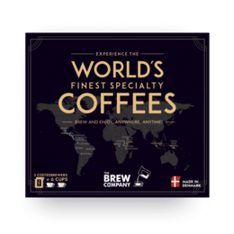 Dark navy gift box, gold text, world map design, three kraft paper coffee pouches, specialty coffee set