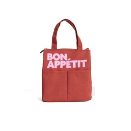  A burgundy-colored insulated lunch bag with the text "BON APPÉTIT" printed on the front. The bag has a rectangular shape and appears to be made of a durable, water-resistant material. It has two handles for carrying and seems suitable for packing and transporting meals or snacks.