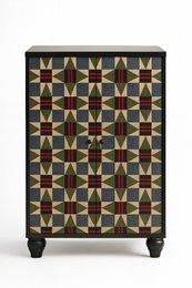  Sideboard cabinet with 2 swing doors, made of printed MDF material, featuring a geometric pattern in shades of brown, red, and yellow.