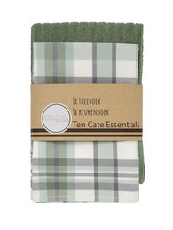 Two light green and white plaid kitchen towels made of cotton.
