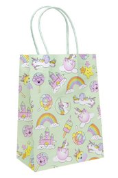  Unicorn gift bag with rainbows, stars, clouds, pastel colors, whimsical design, magical theme.