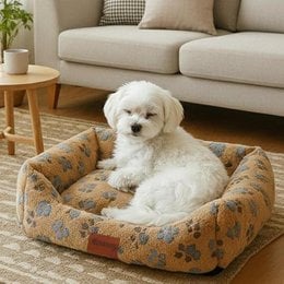 Soft flannel dog bed with paw print and heart designs, non-slip base, available in gray, brown, multiple sizes.