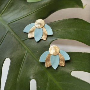 Large Lotus Flower stud earrings - frosted blue and gold leather
