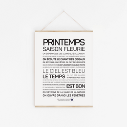 Poster featuring text in French about the spring season, with a minimalist black and white design. The poster includes information about the season, weather, and other related elements.