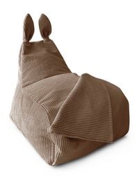 Corduroy beanbag chair in a neutral tan color, designed for children with rabbit-like ears on the top.