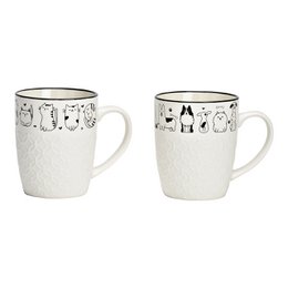  A set of two porcelain mugs featuring a white background with black cat and dog silhouette designs. The mugs have a cylindrical shape and measure approximately 13 x 10 x 8 cm with a 350 ml capacity.