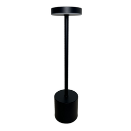  Black modern table lamp with cylindrical base and circular light source.