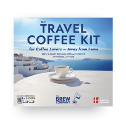 "Travel coffee kit Greece three piece gift box with specialty coffee beans, portable brewing set"