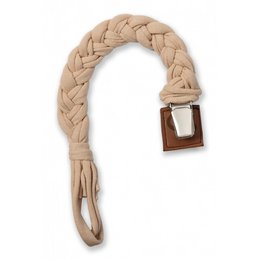 Beige braided pacifier holder with a wooden clasp for attaching to baby's clothing.