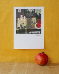  Colorful abstract art print depicting people snacking at night, with a red apple in the foreground.