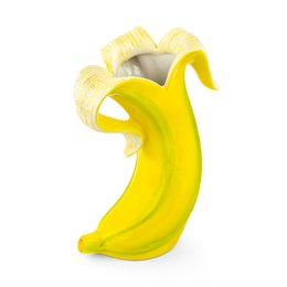 Banana-shaped vase with a yellow and white color scheme, featuring a unique curved shape and textured surface.