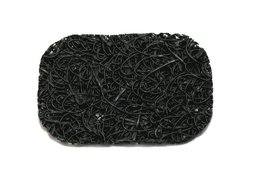 A black soap dish made of woven metal wire with an intricate, abstract pattern.