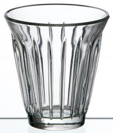 Set of 6 clear glass coffee cups with vertical ribbed design, suitable for hot or cold beverages.