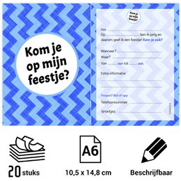  Blue chevron patterned invitation card for a children's party with the text "Kom je op mijn feestje?" (Will you come to my party?)