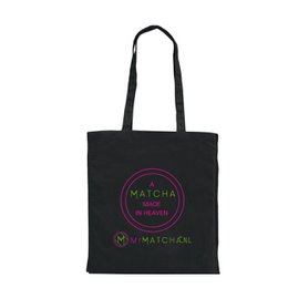 Black cotton tote bag with Mr.MATCHA logo and text in green and pink colors. Durable and reusable shopping bag for eco-friendly use.