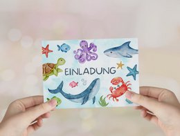 Underwater invitation card set to fill out including envelopes for shark children's birthday parties or mermaid parties