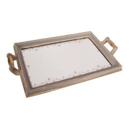  Rectangular decorative tray with wooden frame and mirrored surface. Suitable for displaying small items or as a serving tray.