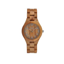 Wooden watch with round face, analog display, and wooden bracelet strap.