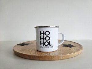 Emaille kopjes met hart en tekst "Ho ho get the lucky wine"
