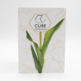  Greeting card with a minimalist floral design featuring a cube-shaped logo.