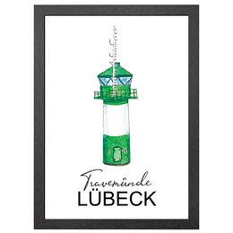 Framed poster of the Travemünde lighthouse in Lübeck, Germany. The lighthouse is depicted in a minimalist, graphic style with a green and white color scheme. The poster features the text "Travemünde Lübeck" below the lighthouse illustration.