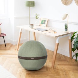  Sage ribbed velour office chair with a round, dome-shaped seat in a light green color and a wooden frame.