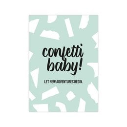Colorful confetti-patterned card set for baby celebrations, featuring the text "Confetti baby! Let new adventures begin."