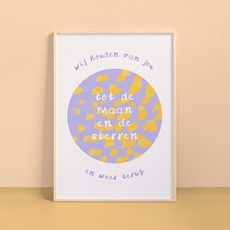  Poster featuring a circular design with yellow stars on a light blue background. The text reads "All I needed was the moon and a dream to be happy" in a handwritten style.