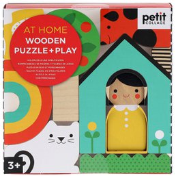 Wooden puzzle set with colorful house, rainbow, tree, and animal shapes for toddlers.