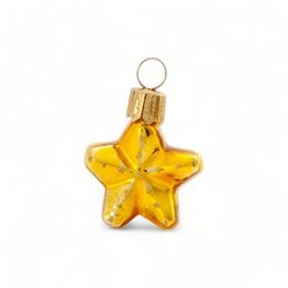 Shimmering gold star ornament with a textured surface and a metallic finish.