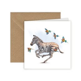 Greeting card featuring a zebra with colorful butterflies. The card is 13 x 13 cm in size and is part of the "Cards with Pictures" category, showcasing animals.