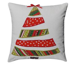  "Colorful Christmas tree cushion cover with patterned stripes and polka dots in red, green, and white. Suitable for holiday home decor."