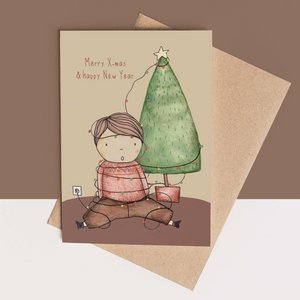 card + envelope - boy tangled in Christmas lights