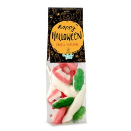 Colorful assortment of Halloween-themed candy in a festive bag, including gummy candies in the shapes of ghosts, pumpkins, and other spooky motifs.