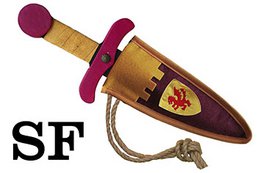  Wooden toy dagger with red handle and dragon design on sheath. Suitable for imaginative play.
