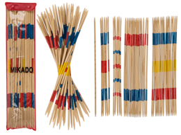 "Wooden Mikado jumbo game set with colorful striped sticks in red, blue, yellow, natural wood"