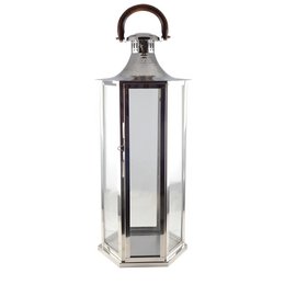  Large glass lantern with metal frame, 33x28x80cm in size.