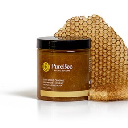 Exfoliating body scrub made with pure, natural ingredients including honey and beeswax. Gently removes dead skin cells, leaving skin soft and nourished.