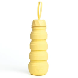  A tall, cylindrical yellow drinking bottle with a screw-top lid and a yellow strap for carrying. The bottle has a stacked, segmented design with a smooth, matte finish.