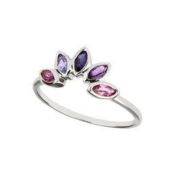 Elegant silver ring with marquise-cut purple and pink gemstones in a floral design.