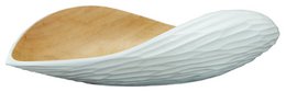 Wooden bowl in the shape of a palm seed, available in large (50cm x 30cm x 11.5cm) and small (40cm x 20cm x 8.8cm) sizes, made of white material with a natural wood finish.