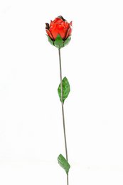  A vibrant red metal rose on a long green stem, suitable for use as a bird feeder or decorative accent.