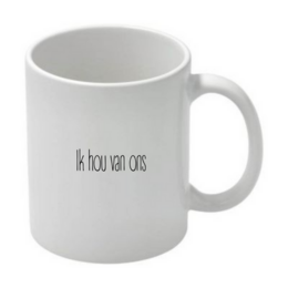 A white ceramic mug with the text "Ik hou van ons" printed on it, which translates to "I love us" in English.