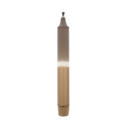 Tall, cylindrical dinner candle in a dip-dye design featuring grey, white, and gold colors.
